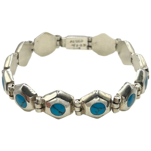 Taxco Mexico 925 Sterling Silver and Turquoise 4.2mm Hexagon Link Bracelet - 8" - Picture 1 of 5
